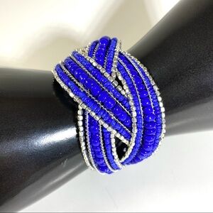 Vintage woven seed bead blue silver cuff bracelet
